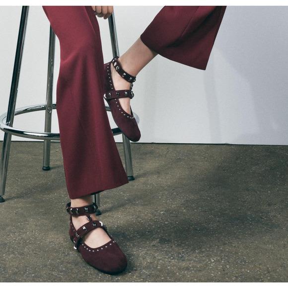 🍷 ZARA Leather Studded Ballet Flats NWT | Burgundy Suede Buckle Strap 7.5–8 - Picture 7 of 16